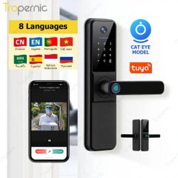 Lock TUYA Camera photoTaking 8 Language 5 Unlock Electronic Fingerprint Front Door Security Wifi DoorViewer Digit Door Lock