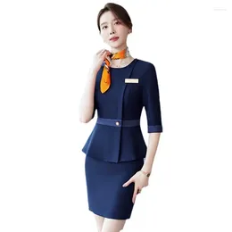 Two Piece Dress Women's Formal Ruffle Hem Blazer And Skirt Set Summer Ladies Suit Office Business Work Wear Pink Blue 2 Sets Spring