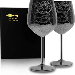 Stainless Steel Wine Glasses With Black Plated etched with intricate and baroque engravings Royal style wine goblets 240408