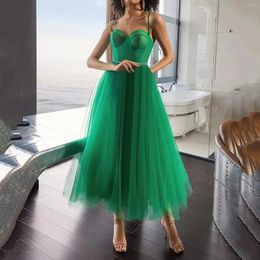 Casual Dresses Vintage Green Mesh Princess Dress Women's Elegant High Waist Bandage Evening Prom Ladies Sexy Spaghetti Strap