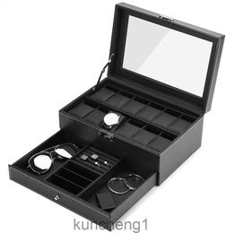 Watch Boxes for Men Women 12 Slots PU Leather Lockable Watch Storage Boxes with Jewellery Display Drawer Black