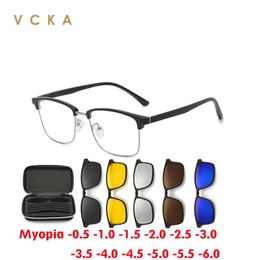 VCKA 6 In1 Square Polarised Myopia Sunglasses Men Women Magnetic Clip Glasses Frames Optical Prescription Eyewear -0.5 to -6.0 240401