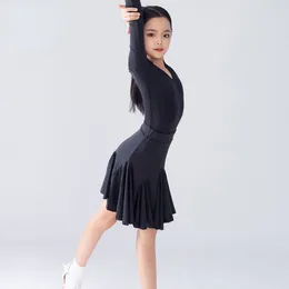 Stage Wear 2024 International Children's Latin Dance Dress Women's Performance Training Long Sleeved Black Split Skirt