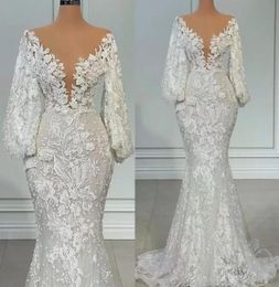 2022 New Long Sleeve Mermaid Wedding Dresses Sheer Neck Full Lace Floral Beaded African Trumpet Fishtail Beach Aso Ebi Bridal Gown7278384