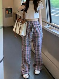 Women's Two Piece Pants Pant Set Suit Short T-shirt Sleeved Casual Long Red Plaid Wide Leg Korean Female Clothing Summer 2024