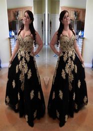 Black With Gold Lace Applique Plus size Prom Evening Dresses Special Ocassion Dresses Gowns Sweetheart A line Tulle Corset Back SD4559526