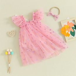 Infant Baby Girl Valentine s Day Heart Print Tulle Mesh Romper Dress Jumpsuit with Headband Birthday Outfit 240403