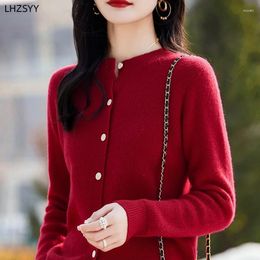 Women's Knits LHZSYY Ladies Round Neck Merino Wool Cardigan Spring Loose Sweater Coat Casual Large Size Jacket Tops Short Base Shirt