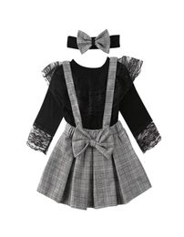 16Y Toddler Kid Girl Baby Clothes Set Black Long Sleeve Lace T shirt Tops Plaid Ruffles Skirts Overalls Spring Costumes 2108047162021