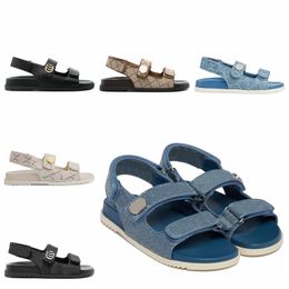 2024ss womens denim canvas sandals double-strap design leather sandal outdoor beach loafers indoor causal mules