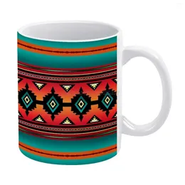 Mugs White Mug Good Quality Print 11 Oz Coffee Cup Teal Border Pattern Geometric Colours Blue Orange