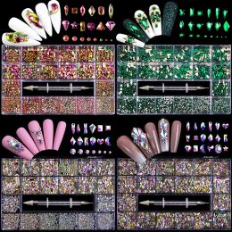 Decorations Shiny Diamond Nail Art Rhinestones Kit Glass Crystal Decorations Set 1pcs Pick Up Pen in Grids Box 21 Shapes of 2800pcs