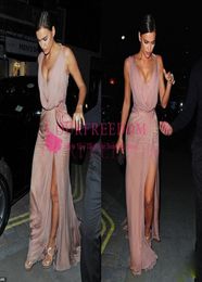 Vintage Inspired by Irina Shayk A Line Chiffon Celebrity Dresses Halter Appliques Side Slit Prom Dresses Evening Formal Gowns6675556