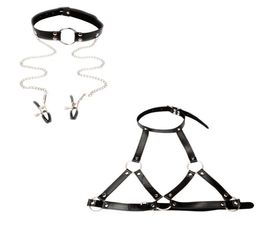 New Design Bondage Gear Set Mouth Gag Head Harness with Nipple Clamps and Breast Restraint Harness Faux Leather Erotic Costume B036670178