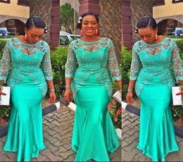 Charming Aso Ebi Green Long Sleeves Evening Gowns Sheer Neck Lace Appliques Beads Mermaid Prom Dresses African Plus Size Party Dre7355280