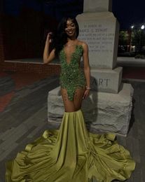 Army Green Luxury Evening Ceremony Formal Dresses for Black Girl Long Sparkly Diamond Crystal Prom Birthday Gala Dress 2024