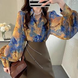 Women's Blouses Spring Autumn Polo-neck Elegant Fashion Cardigan Blouse Femme Long Sleeve Casual Floral Printing Shirt Ladies Buttons Top