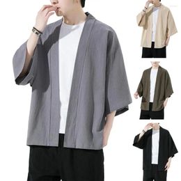 Men's Casual Shirts Men Solid Colour Shirt Chinese Style Summer Cardigan With Three Quarter Sleeves Soft Breathable Fabric Quick-drying