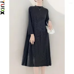 Casual Dresses YUDX Miyake Loose Oversized Pleated Dress Women Embroidery Flower Pattern Stand Collar Long Sleeves Female Elegant