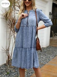 Casual Dresses PERITANG Women Spring Summer Imitation Denim Vintage Dress Solid Female Fashion Blue Knee-Length O-Neck Clothes