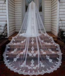 Cathedral Length Long Wedding Veils Custom Made White Ivory Champagne Bridal Veils with Comb Lace Appliqued Cheap Wedding Veil8221535
