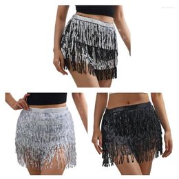 Skirts Women Belly Dance Skirt 3 Layer Tiered Sequins Tassels Fringed Hip Scarf