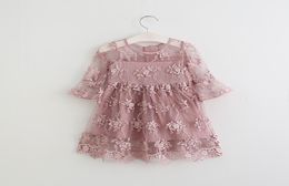 Girls princess dress children embroidery flowers half sleeve party dress 2017 spring new kids round collar lace crochet falbala dr8380021