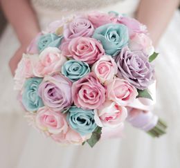 Custom candy Colour wedding bouquet with pink purple blue roses Bridal Bouquet Flower Ball9823457