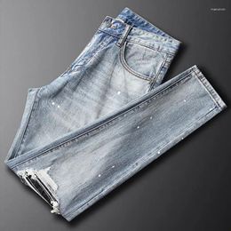 Men's Jeans Streetwear Fashion Men Retro Light Blue Stretch Slim Fit Patched Ripped Printed Designer Hip Hop Denim Pants