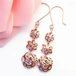 Dangle Earrings 585 Purple Gold Plated 14K Rose Variety Of Flowers Beaded Tassel Earring For Women Fashion Design Luxury Wedding Jewelry
