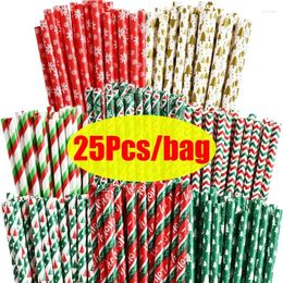 Disposable Cups Straws 25PCS Christmas Kraft Paper Straw Colourful Print Halloween Year Party Decoration Home Table Decor Supplies