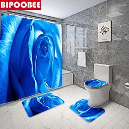 Shower Curtains Fresh Flowers Blue Rose Curtain Bathroom Set Nature Floral Bath Mats Rugs Non-slip Carpet Bathtub With Hooks