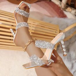 Sandals 2024 Women Shoes Sexy Party Women's High-heeled Beach Spring Summer Square Head Crystal Heel Golden Fashion