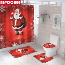 Shower Curtains Santa Claus Red Print Curtain Christmas Bathroom Bath Mats Rugs And Toilet Lid Cover Snowflake Non Slip Carpet