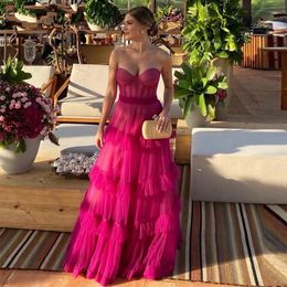 Fuschia Tiered Ruffles Tulle Prom Formal Dress Sweetheart Sleeveless Pleat Ruched Saudi Arabic Evening Party Gown robe de soiree