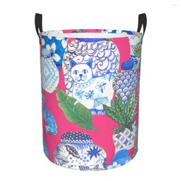 Laundry Bags Pink Chinese Basket Collapsible Watercolor Chinoiserie House Plants Baby Hamper For Nursery Toys Organizer Storage Bins