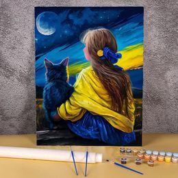 Ukraine Diy Painting By Numbers Adults Kids Cat And Girl Picture Colouring 50x70cm Handicrafts For Personalised Gift 240407