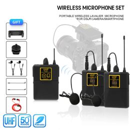 Microphones Professional UHF Wireless Lavalier Microphone with Audio Monitor Function Mic 2 Channels 80m Range for DSLR Cameras Interview