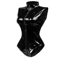Black Crotch Zipper Sleeveless Sexy Spandex Bodysuit Leather Latex Catsuit PVC Jumpsuit Women Short PU BodySuit Clubwear8369232