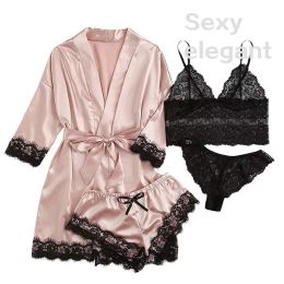 Pijama de roupas de dormir de 4 peças com roupão com túnio sexy de lingerie de lingerie de seda cetim caseiro vestido de roupas de noite 0408