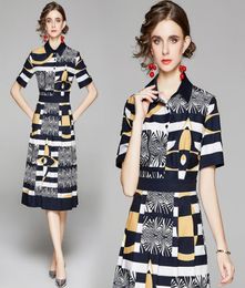 classy Glamour print summer shirt dress women runway elegant ladies office casual dresses button short sleeve lapel designer dresse6684801