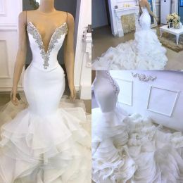 Dresses Organza Tiered Ruffles Long Mermaid Wedding Dresses Sexy Spaghetti Straps Sleeveless Open Back Formal Bridal Gowns Sparkly Rhinest