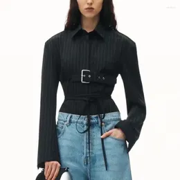 Women's Blouses 2024 Spring Striped Belt Shirt Waisted Scoop Cut Long Sleeve Top High Quality Fashion Jacket Y2k