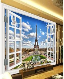 3D window window scenery Paris Tower TV background wall modern wallpaper for living room2192017