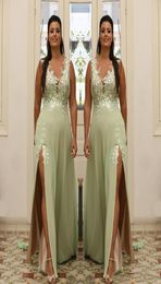 Light Green Plus Size Appliqued Prom Dresses Sheer V Neck Evening Gown A Line Split Side Chiffon Floor Length Formal Dress Abiye 23418210