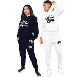 Couple Hoodies Sportwear Set Mens KING QUEEN Printed Lover Tracksuit Hoodie and Pants 2 Piece Hoodi Suits Lover Clothes 240329