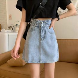 Skirts Women High Waist Blue Button Retro Designer Denim Solid Korean Style Females Trendy Selling Summer All Match Mini