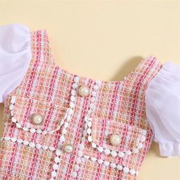 Girl Dresses Baby Outfit Clothes Summer Square Neck Short Puff Sleeve Ribbed Toddler Clothing Plaid A Line Skirt Set Dress