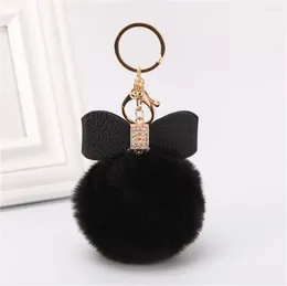 Keychains Fashion Pompom Keychain Creative PU Bow Keyring With Brilliant Rhinestones Women HandBag Ornaments Car Key Holder Accessories