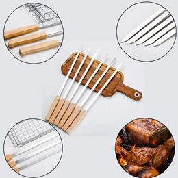 Tools 8 Pcs Stainless Steel Barbecue Skewer Reusable BBQ Skewers Thickened Steak Grill Stick With Wooden Handle Outdoor